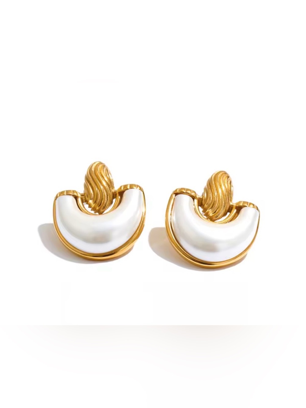 Gold-Tone Earrings with White Enamel Crescent Accents